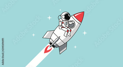 Astronaut riding a rocket ship against a light blue backdrop vector illustration