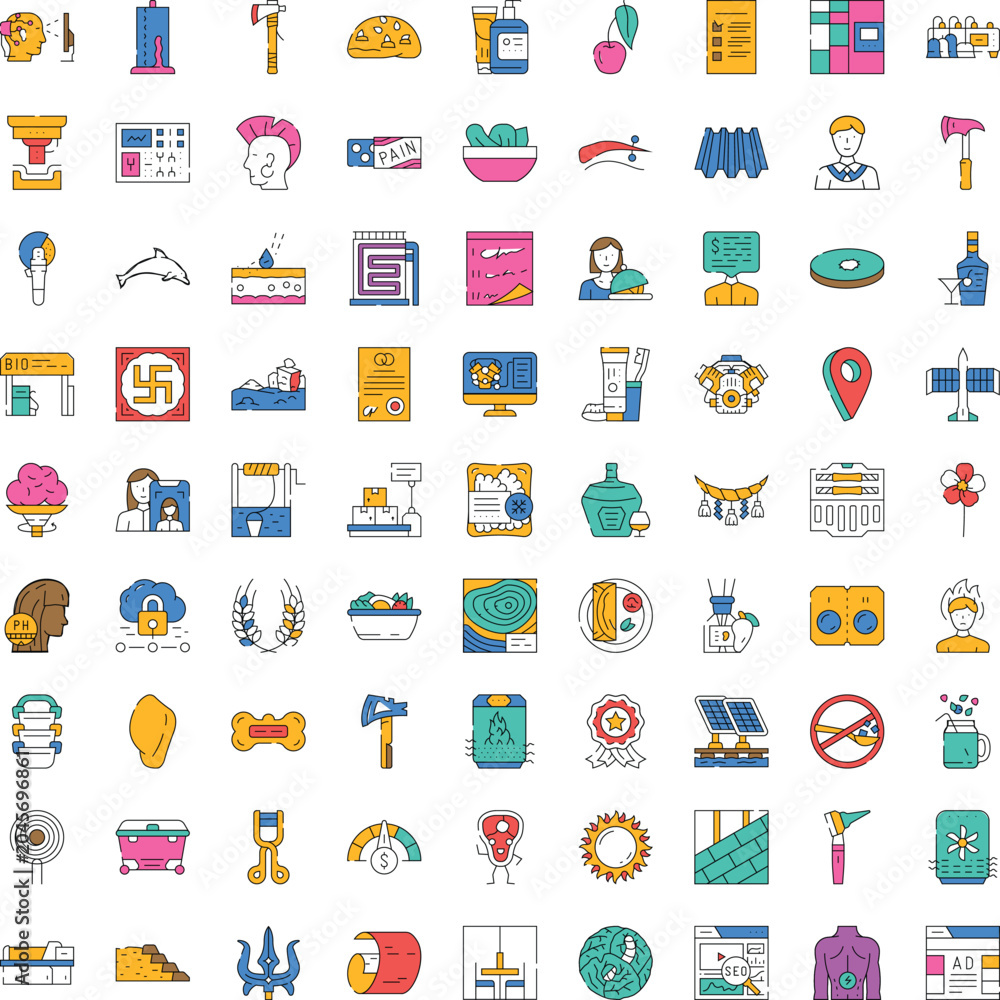 Naklejka premium Comprehensive collection of modern flat line icons covering a wide range of business concepts, human health, cultural symbols, and various daily life objects, ideal for web and print design