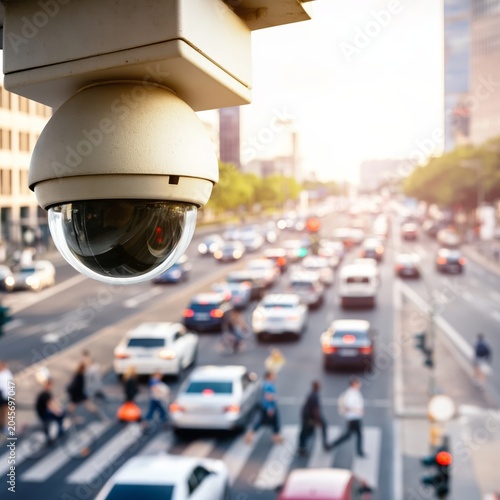 Security Camera Watches Over Busy City Street During Late Afternoon Traffic