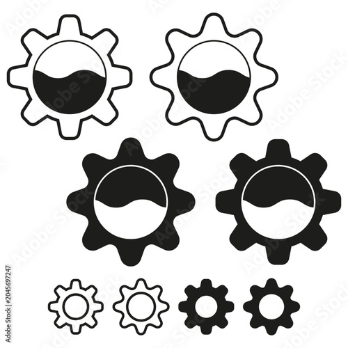 Black engine oil level gear icons set vector. Ideal for automotive service dashboards and user interface design.