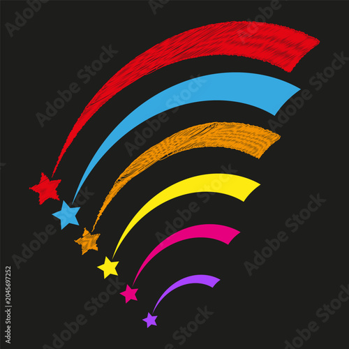 Colorful vector comet tail features dynamic rainbow curve shape. Bright magic star graphic highlights abstract dark background.