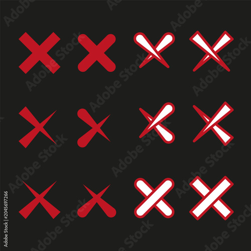 Red cross mark and X symbol icon set in various styles vector. Perfect for user interface design delete buttons and error alerts.