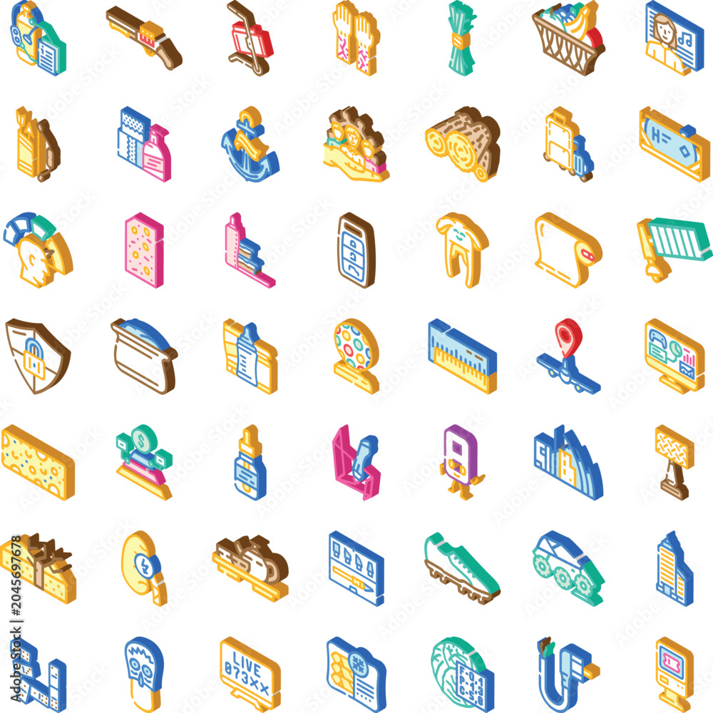 Obraz premium Set of colorful isometric vector icons depicting a wide range of common objects, elements, and abstract concepts for diverse graphic design needs and user interface applications