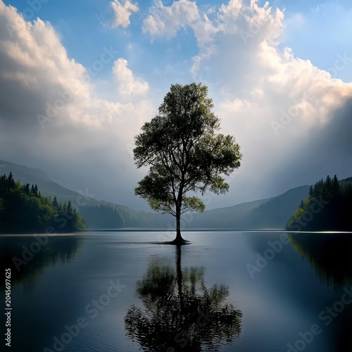 Tall Tree Stands in Clear Water With Mountains in the Background During Dayli...