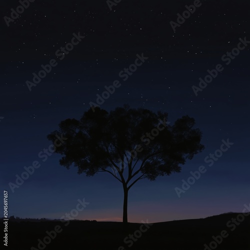 Bright Stars Shine Over a Lone Tree in a Quiet Landscape During Nighttime in ...