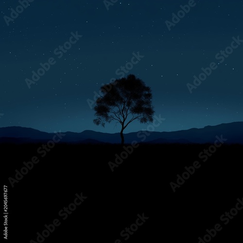 Nighttime Scene With a Tree Under a Starry Sky Near Mountains in the Background