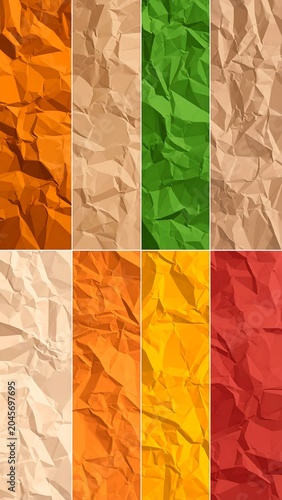 A vertically-split composition. Each section features a different, textured color, evoking the feel of crumpled paper. The palette is varied and vibrant