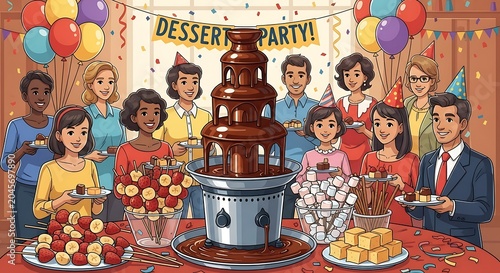 Dessert party with chocolate fountain and people.