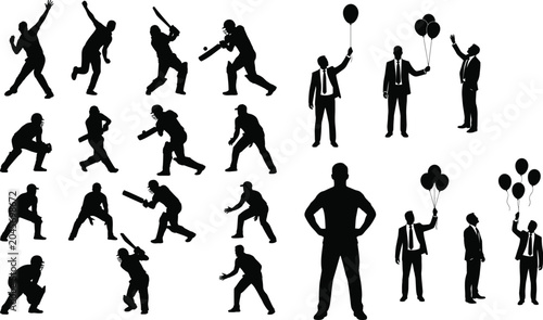 Foto Cricket player action silhouettes and business people with balloons vector illus