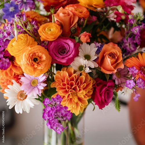 Bright Mix of Flowers in a Vase on a Wooden Table in a Sunny Room