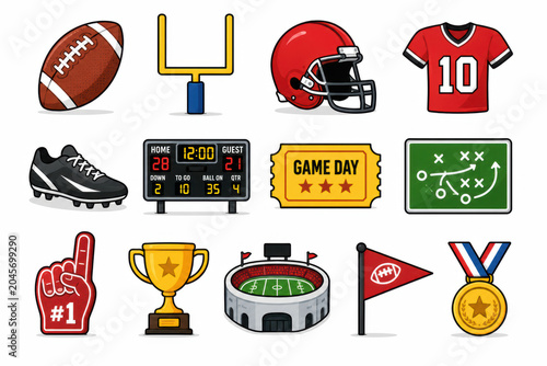 Set of american football icons in retro pixel art style featuring ball helmet jersey trophy stadium