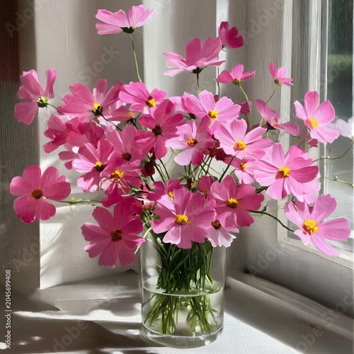 Bright Pink Flowers in a Glass Vase on a Table in a Modern Living Space With ...