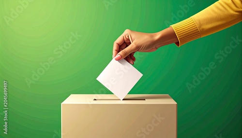 The concept of democratic voting is depicted through a stylishly designed image of a woman's hand placing a ballot into a beige ballot box against a simple and clean bright green background.