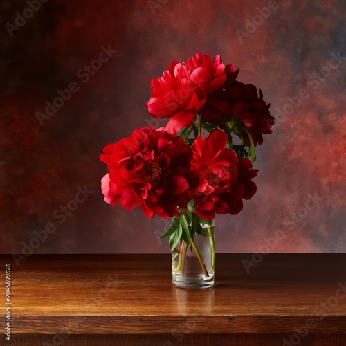 Roses in a Vase on a Wooden Table With a Painted Background