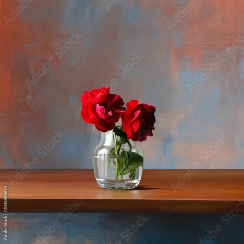 Roses in a Vase on a Wooden Table With a Painted Background