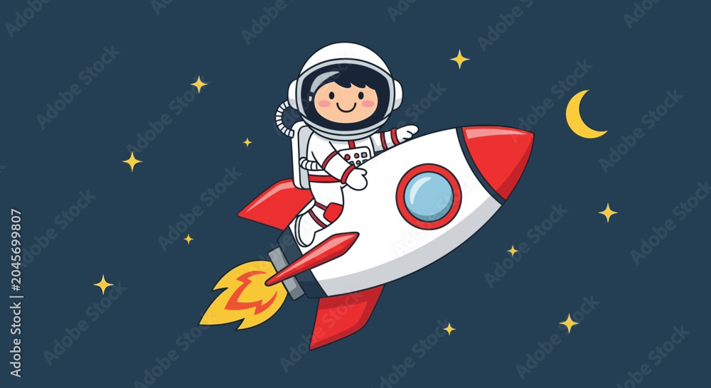 Naklejka premium Astronaut riding rocket in space with stars and moon illustration