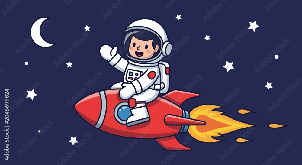 Naklejka premium Astronaut riding rocket in space with stars and moon illustration