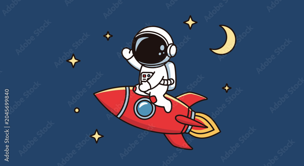 Naklejka premium Astronaut riding rocket in space with stars and moon illustration