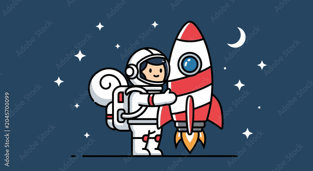 Fototapeta premium Astronaut standing next to a rocket ship against a starry night background