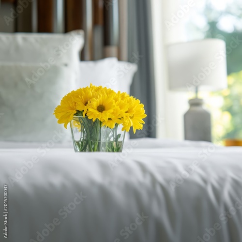 Bright Yellow Flowers in a Vase on a Bed With White Sheets and a Warm Light S...