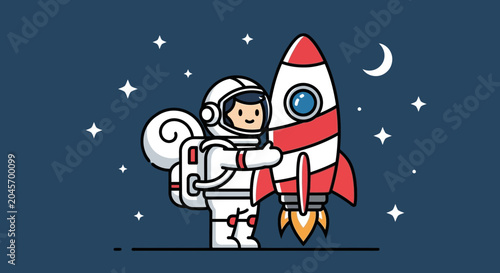 Astronaut standing next to a rocket ship against a starry night background