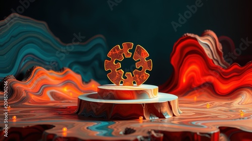 Abstract landscape features orange puzzle piece atop pedestal. Swirling forms create dramatic backdrop, warm colors dominate scene. Lighting emphasizes central object.