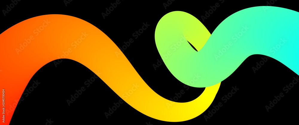 Fototapeta premium Abstract neon rainbow gradient wavy ribbon on black background, modern fluid liquid wave dynamic lines vector illustration