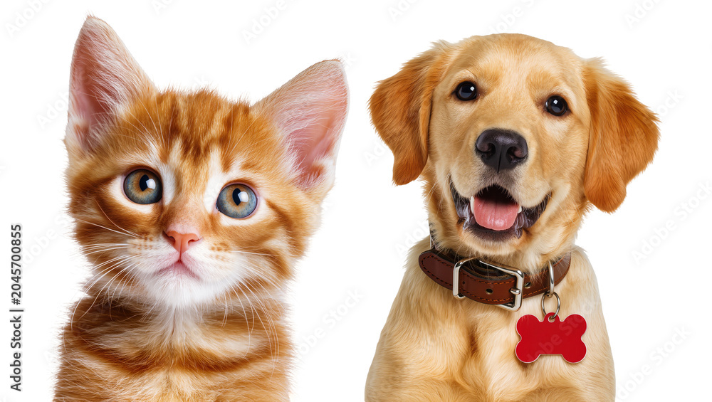 Obraz premium Ginger kitten and golden retriever puppy side by side