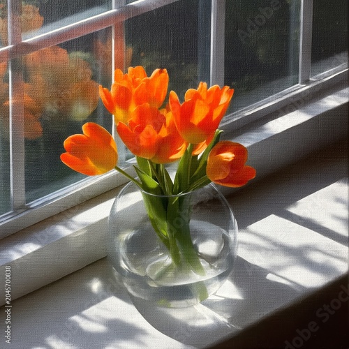 Bright Orange Tulips in a Clear Vase on a Windowsill During the Daytime