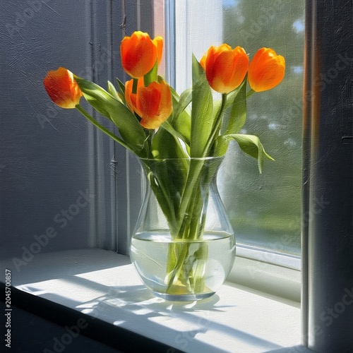 Bright Orange Tulips in a Clear Vase on a Windowsill During the Daytime