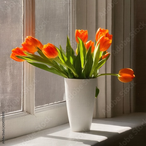 Bright Orange Tulips in a Clear Glass Vase by the Window in Afternoon Light