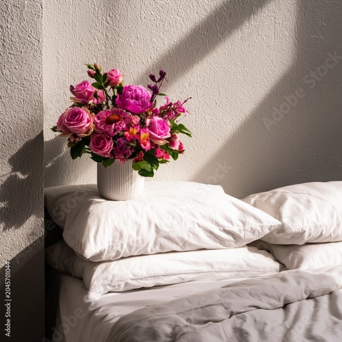 Fresh Roses and Peonies in a Vase on a Bed With White Pillows in a Bright Roo...