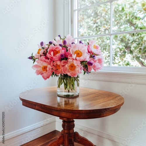 Bright Pink Flowers in a Clear Vase on a Wooden Table in a Sunny Living Room