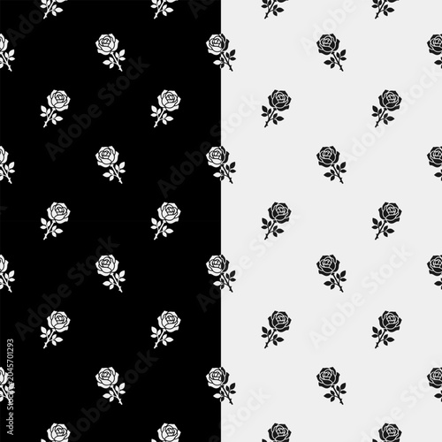 Black and white seamless rose pattern set. Vector background. 