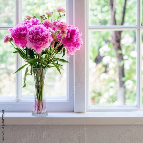Flowers in a Vase Sit on a Windowsill With Sunlight Shining Through in a Brig...