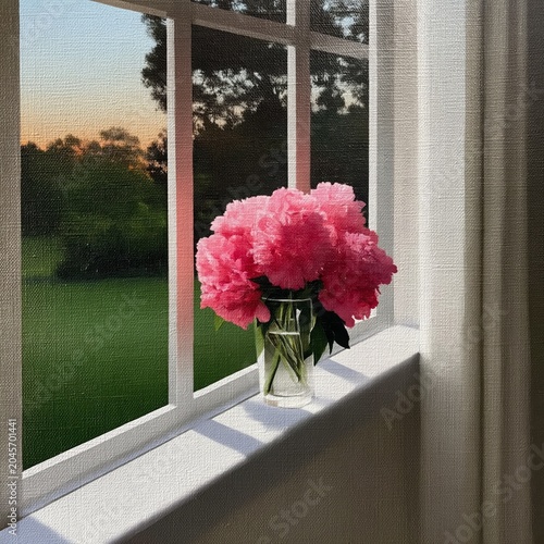 Bright Pink Flowers in a Glass Vase on a Wooden Table in a Sunny Room With La...