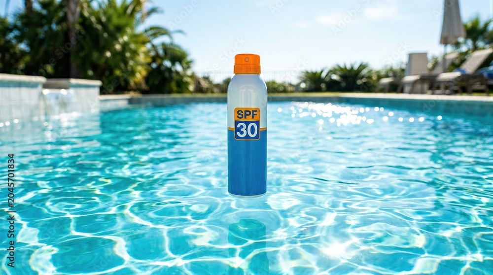 Naklejka premium Bottle of sunscreen with SPF 30 floating in swimming pool water. Skin care product for protection against sunburn during hot summer season. UV protection and skincare skin health concept.