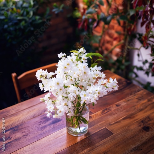 White Flowers in a Glass Vase on a Wooden Table Near Green Plants in a Cozy S...