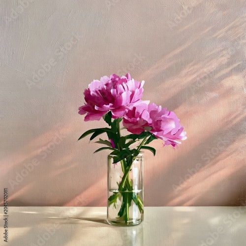 Bright Pink Roses in a White Vase on a Wooden Table in a Living Room Setting