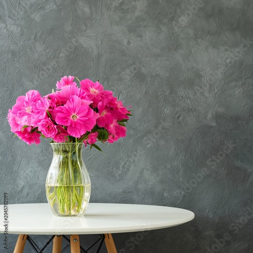 Bright Pink Flowers in a Vase on a Wooden Table Against a Soft Background