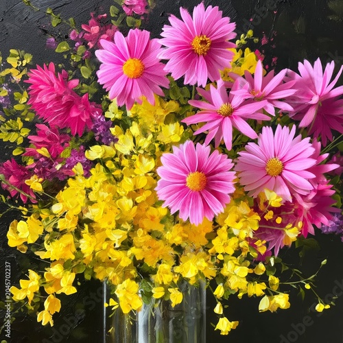 Colorful Flowers Arranged in a Glass Vase on a Dark Background During Daylight