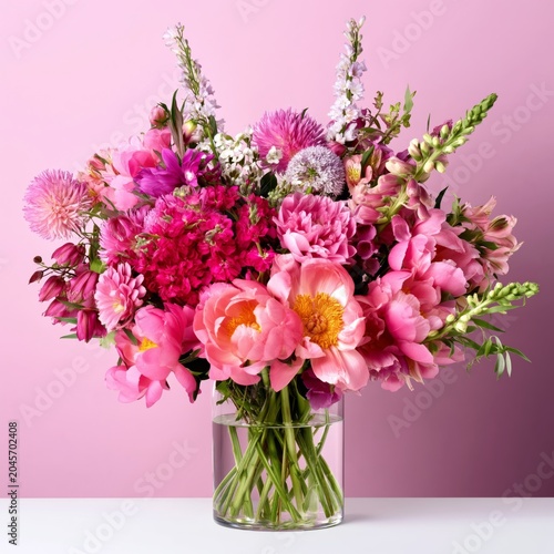 Bright Pink Flowers in a Glass Vase Against a Simple Background