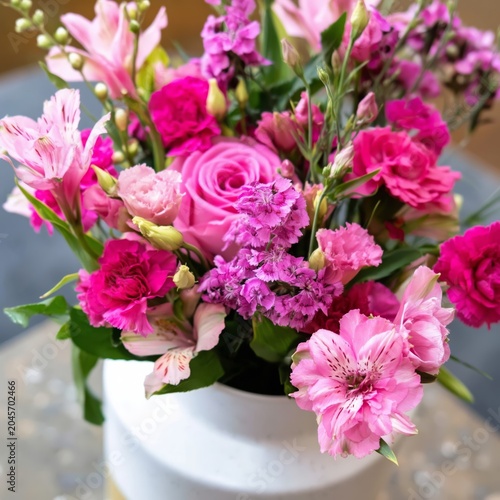 Bright Pink Flower Arrangement in a Glass Vase on a Dark Background During Da...