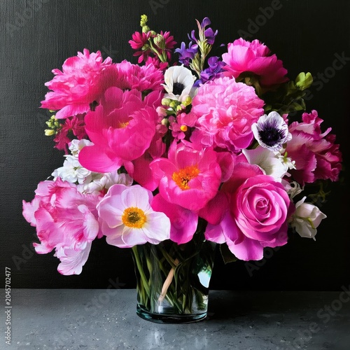 Bright Pink Flower Arrangement in a Glass Vase on a Dark Background During Da...