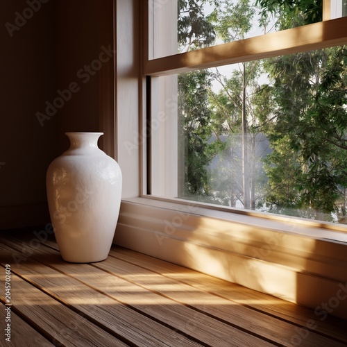Light Shines on a White Vase by the Window in a Cozy Room During the Day
