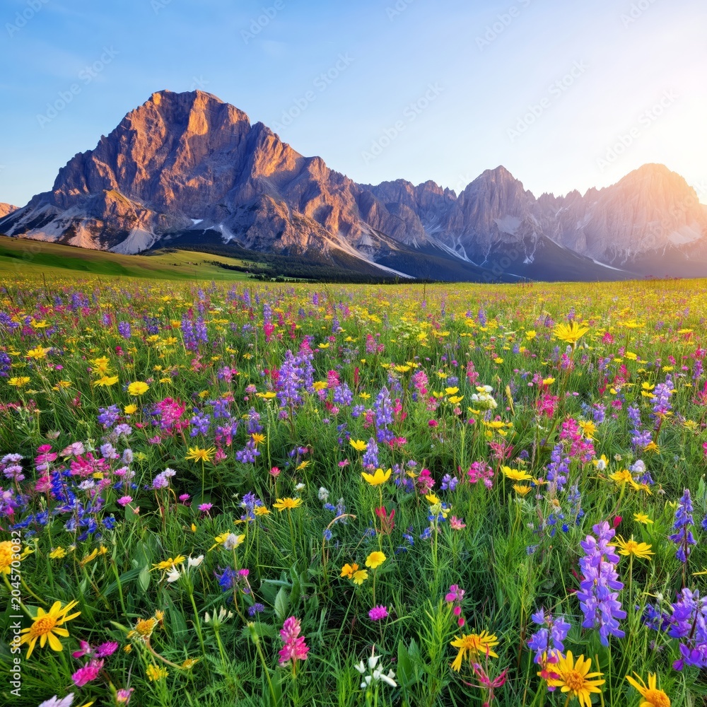Fototapeta premium Flowers Bloom in a Meadow Near Mountains Under a Clear Sky in Summer