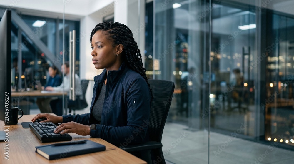 Fototapeta premium Focused african american female fintech software engineer working late on computer analyzing server data security blockchain development network cloud database or digital cyber platform system