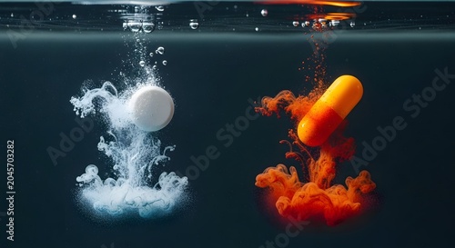 White effervescent tablet and orange medical capsule dissolving in clear water creating vibrant colorful plumes of swirling ink clouds underwater