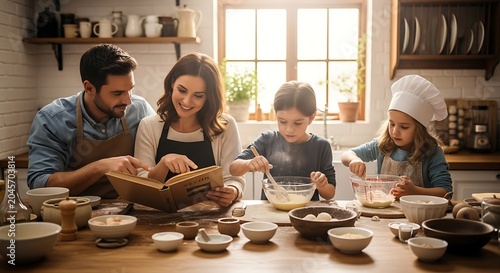 Family baking together in kitchen.