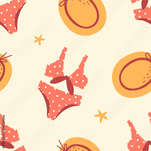 Summer beach seamless pattern with bikini swimsuit, straw hat. Endless vacati...